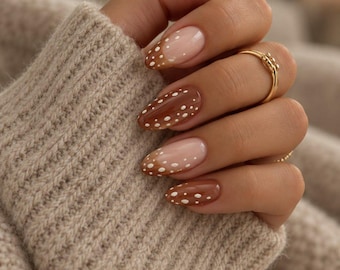 Fawn Deer Press On Nails, Handmade Brown Spotted Deer Nail Art, Cute Fawn Print Fake Nails, Woodland Fall Nails, Animal Print Nail Set