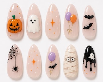 Halloween Press On Nails, Pastel Goth Spooky Cute Almond Fake Nails, Ghost Pumpkin Bat Handmade Hand-Painted Kawaii Reusable Nail Set