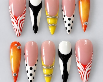 Weihnachtliche künstliche Fingernägel zum Aufkleben, Nageldesign mit rot-weißen Zuckerstangen, gelbe Chrom-Kunstnägel, süße Gel-Nägel mit Punkten, handgefertigtes Nagelset für die Feiertage