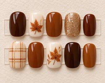 Fall Press On Nails, Brown Maple Leaf Plaid Nail Art, Cute Autumn Fake Nails, Handmade Gel Nails, Cozy Vintage Fall Nail Set