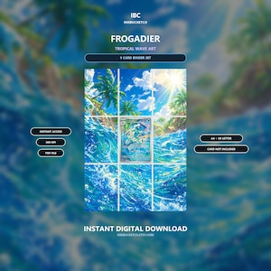 May include: A 9-card binder set digital download titled FROGADIER TROPICAL WAVE ART. The image features a grid layout of a tropical ocean scene with palm trees, bright sunlight, and blue waves, with a single trading card centered in the middle.