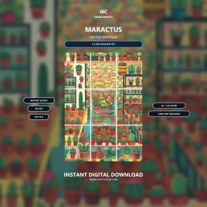 May include: A digital 9 card binder set titled MARACTUS CACTUS BOUTIQUE by IBC INKBUCKETCO. The graphic features a grid of various potted cacti on shelves, including a central trading card illustration. Text includes INSTANT ACCESS, 300 DPI, PDF FILE, A4 - US LETTER, CARD NOT INCLUDED, and INSTANT DIGITAL DOWNLOAD.