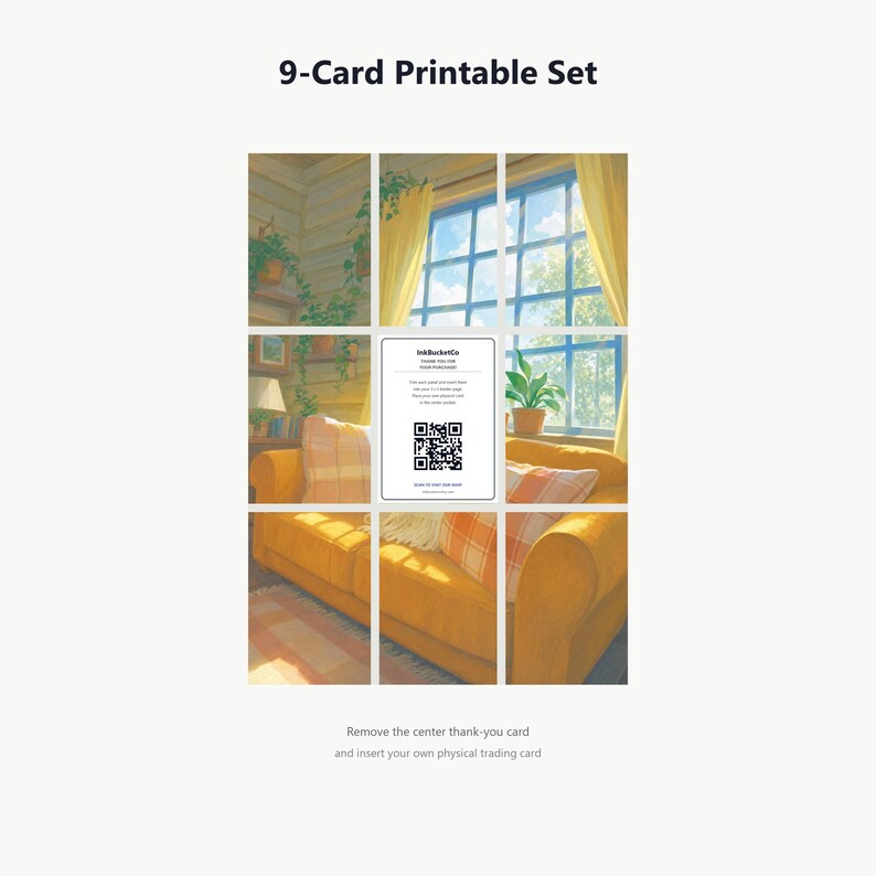 Puede incluir: Un set de 9 tarjetas imprimibles con una cuadr&iacute;cula de nueve im&aacute;genes que forman una escena coherente de una sala de estar con un sof&aacute; amarillo, una ventana con cortinas amarillas y plantas en macetas. La tarjeta central muestra un c&oacute;digo QR.