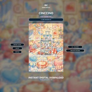 以下が含まれることがあります： Cinccinoの居心地の良い部屋のアートが描かれた9枚のカードバインダーセットのデジタルダウンロード。instant access、300 DPI、PDF file、A4、US letter、card not includedのテキストが含まれています。中央の画像にはCinccinoのトレーディングカードが表示されています。