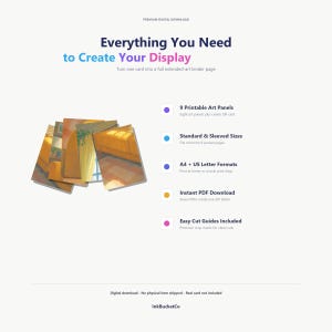 Puede incluir: Una presentaci&oacute;n de producto de descarga digital con una pila de paneles art&iacute;sticos ilustrados. El texto incluye: Everything You Need to Create Your Display, 9 Printable Art Panels, Standard & Sleeved Sizes, A4 + US Letter Formats, Instant PDF Download, Easy Cut Guides Included e InkBucketCo.