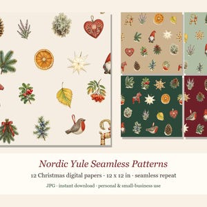 Nahtloses nordisches Weihnachtsmuster, 12 digitale Weihnachtspapiere im Set, Vintage-Weihnachts-Scrapbook-Papier, JPG zur kommerziellen Nutzung