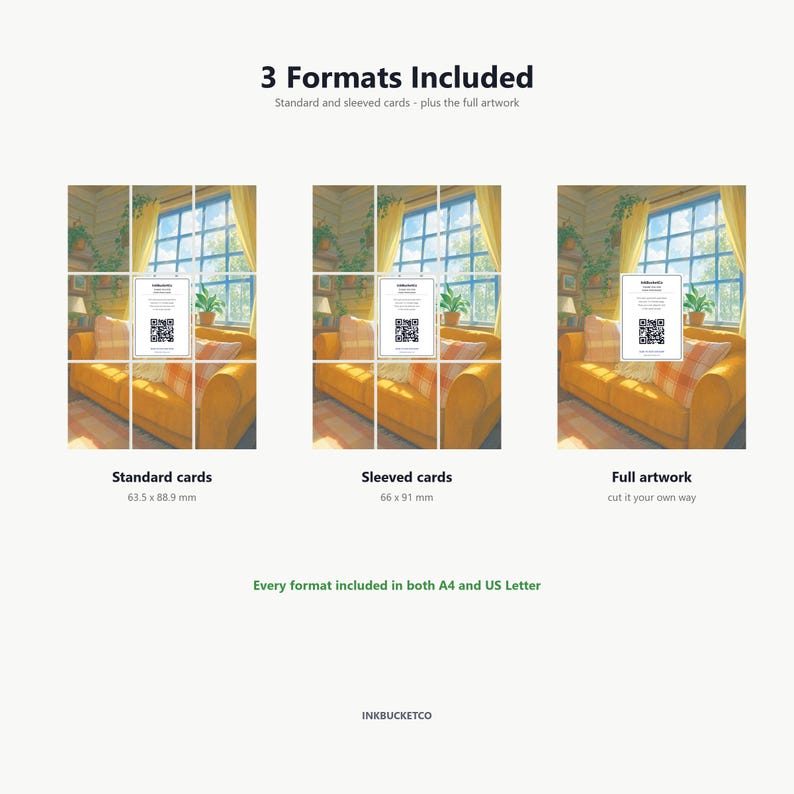Puede incluir: Tres formatos de tarjetas digitales: est&aacute;ndar de 63,5 x 88,9 mm, con funda de 66 x 91 mm e ilustraci&oacute;n completa. Cada una muestra un sof&aacute; amarillo en una habitaci&oacute;n soleada con ventana, plantas y una tarjeta blanca central con c&oacute;digo QR.