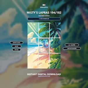May include: A digital download set for a 9-card binder featuring Misty's Lapras 194/182 from Destined Rivals. The graphic displays a tropical beach scene with palm trees and a blue creature, formatted for A4 and US Letter paper sizes.