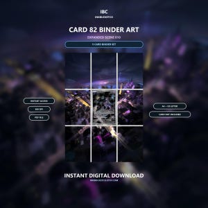 May include: A 9-card binder set digital download featuring Card 82 Binder Art Expanded Scene 010. The graphic displays a dark, purple-toned cityscape with a central card slot. Text includes Instant Access, 300 DPI, PDF File, A4, US Letter, and Card Not Included.
