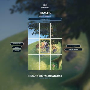 Puede incluir: Un conjunto de 9 tarjetas para carpeta titulado Pikachu Forest Embrace de Inkbucketco. Incluye acceso instantáneo, 300 DPI, archivo PDF, formatos A4 y US letter. La imagen central muestra un personaje Pikachu en un bosque. Tarjeta no incluida.