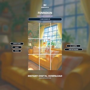 Puede incluir: Un conjunto de descarga digital de 9 artes para carpetas de cartas con Fennekin en una caba&ntilde;a acogedora. El gr&aacute;fico incluye etiquetas de texto para instant access, 300 DPI, PDF file, A4, US letter y card not included. La obra muestra un sof&aacute; amarillo.