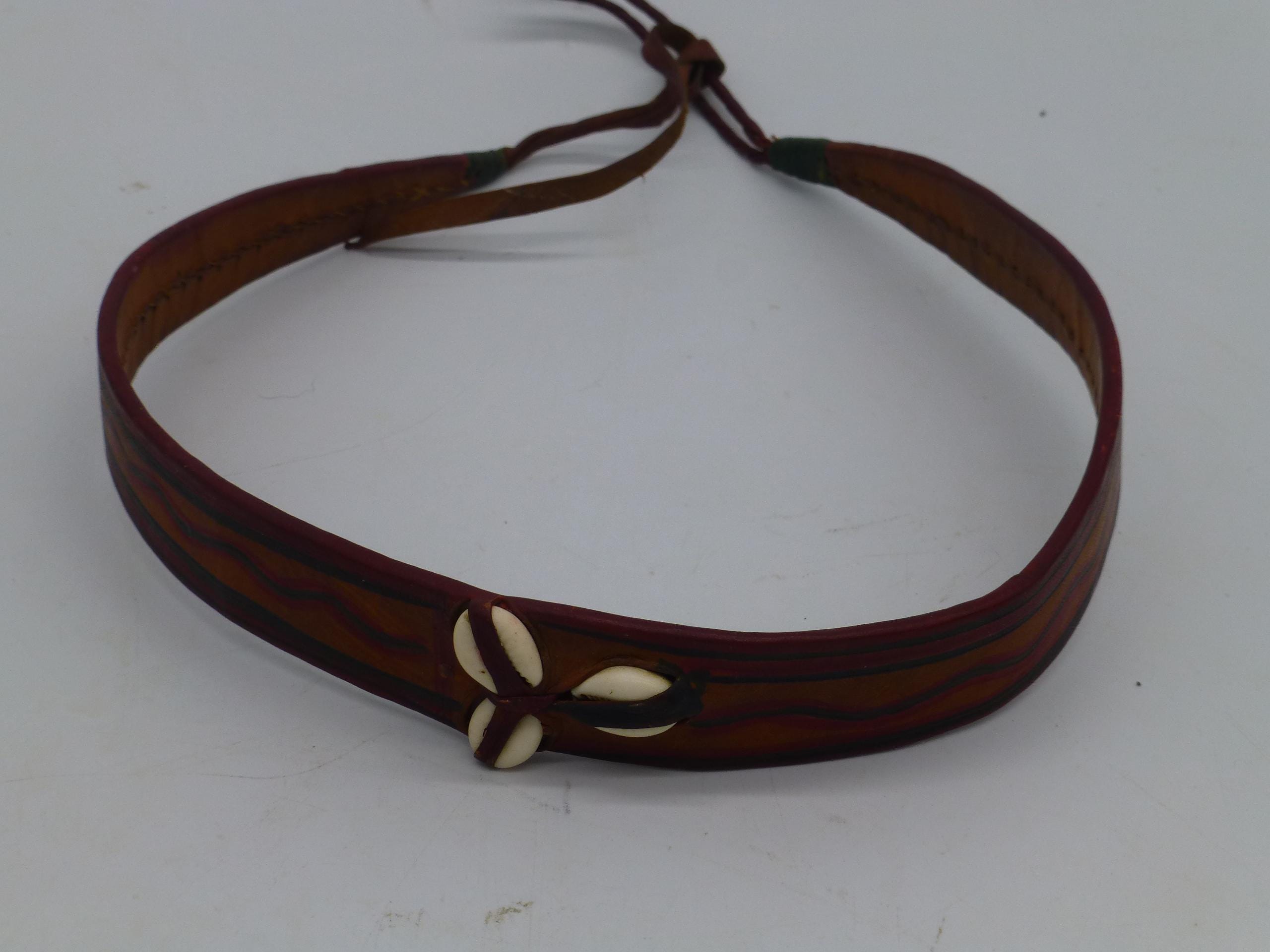 Vintage Tribal Cowrie Shells Cognac 100% Genuine Leather Toggle Closure Belt Vintage Handmade Leather African Cowrie Shell Sash Tie Belt  main image 2