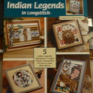 May include: A book cover with a blue background and the title "Indian Legends in Longstitch." The cover features five framed images of Native American-themed cross-stitch patterns. The text "Designed by Mike Vickery" is at the top of the page.