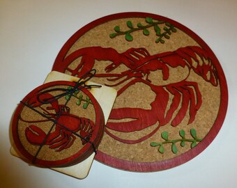 Hand Crafted in Maine by Dole&#39;s Orchard Lobster Trivet and Coaster Set w/ Cork Backing:  New & Unused Beach, Ocean, Sea, Seafood, Coastal