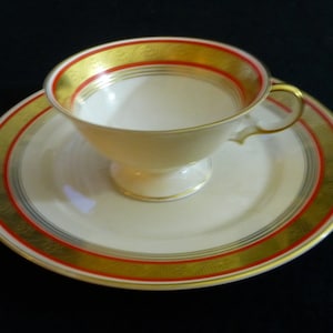 Vintage Julius Edelstein AG White with Red and Chased Gold Floral Border Tea Cup and Dessert Plate