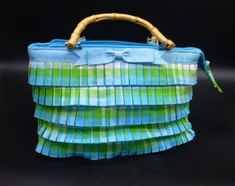 Lovely Vintage Braciano Blue and Green Ruffled handbag With Bamboo Handles VGUC VTG