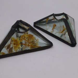 Vintage Handmade Dried Fowers “Stained Glass” Leaded Triangular Candle Holders EUC
