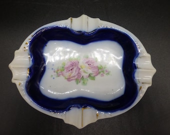 VTG/ATQ Flow Blue Porcelain Ashtray 5 x .5 x 4 7/8” Roses Unintelligible Makers Mark