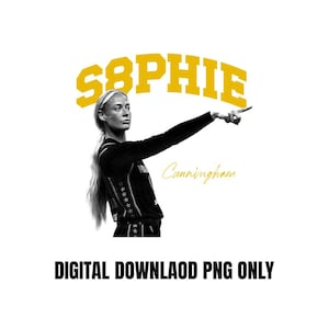 Op de afbeelding: Een digitale afbeelding met een zwart-witfoto van een basketballer die wijst, met de gele tekst S8PHIE in een boog erboven en de gele cursieve tekst Cunningham eronder. De tekst onderaan luidt DIGITAL DOWNLAOD PNG ONLY.