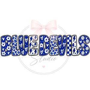 May include: The text BLUE DEVILS in a bold, rounded font with a blue and white pattern featuring flowers, hearts, leopard spots, lightning bolts, checkerboard squares, and smiley faces, topped with a large, pale pink decorative bow graphic.