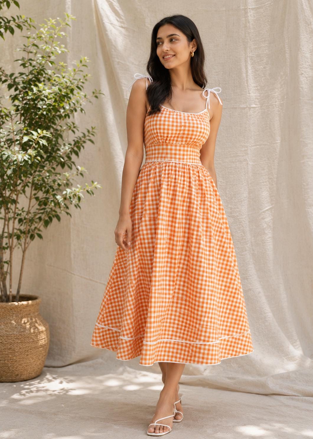 orange and white checkerboard dress Orange White Checkered Dress Handmade