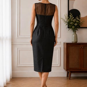 Silk Dupion Sheath Midi Dress, Sleeveless Illusion Neckline, Black Formal Occasion Wear