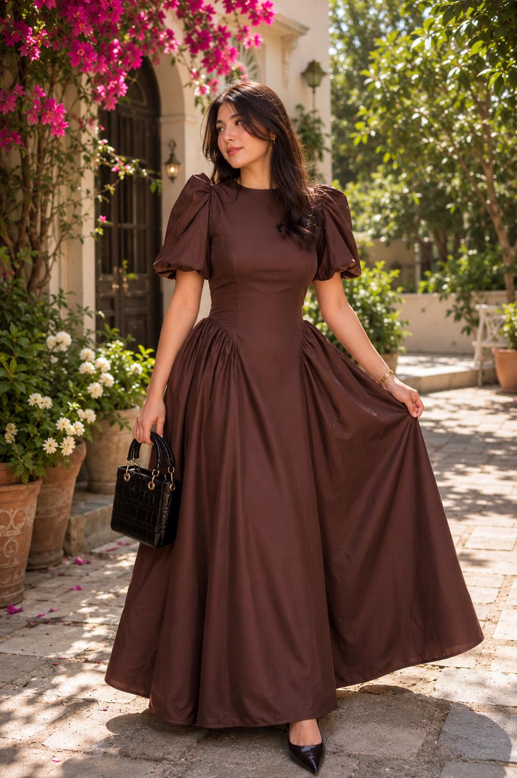 brown poplin dress Chocolate Cotton Maxi Dress, Puff Sleeve, Cottagecore, Vintage Inspired Gown Whether youre attending a wedding Mothers of Invention — A