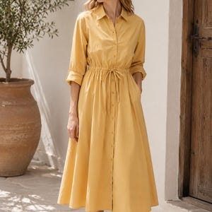 Gelb Baumwolle Popeline Midi-Shirt Kleid, Langarm Kordelzug Taille Sommer-Stil