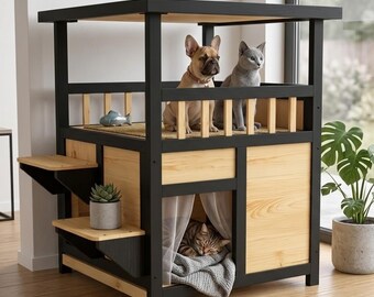 Wooden Cat House, Indoor Outdoor Pet Shelter, Cozy Modern Design