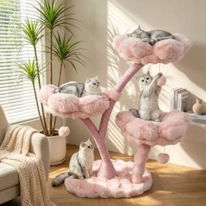 May include: A multi-level cat tree featuring a pink, plush, tree-like structure with three circular, flower-shaped platforms. The central post is wrapped in pink sisal rope, and three light-colored cats are resting or playing on the soft surfaces.