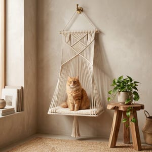 May include: A cream-colored macrame cat hammock featuring intricate knotted patterns, suspended from a single wall hook by a rope. The hammock includes a soft, flat cushion for resting and a decorative tassel hanging from the center base.