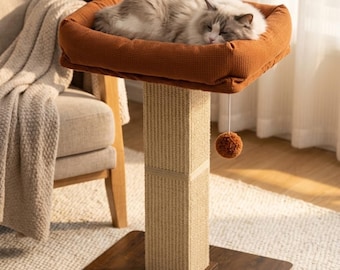 Wooden Cat Scratching Post with Bed, Sisal Tower, Hanging Toy