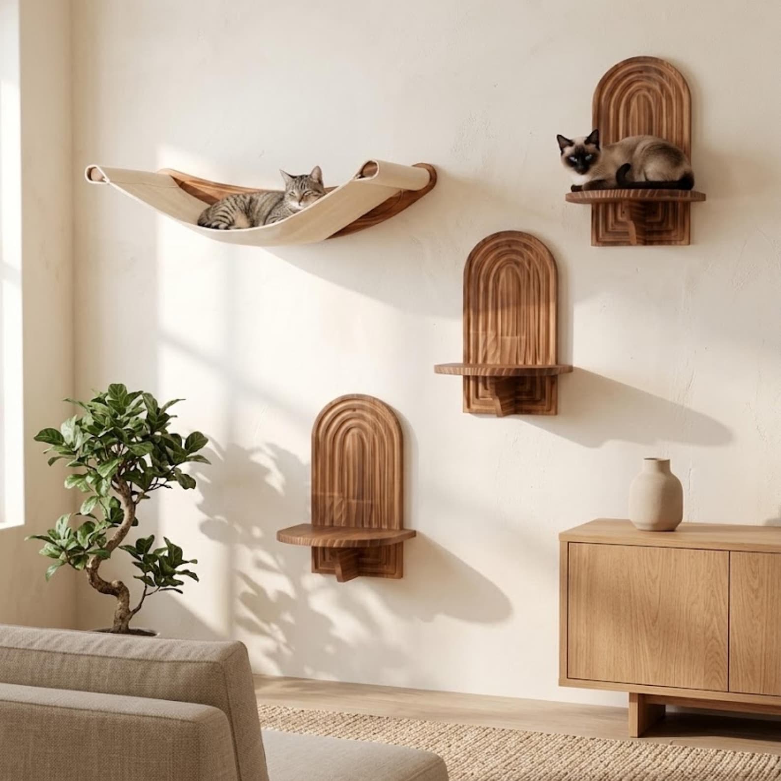 Modern Cat Wall Shelves, Wooden Play Furniture, Cat Bed (Set of 3)