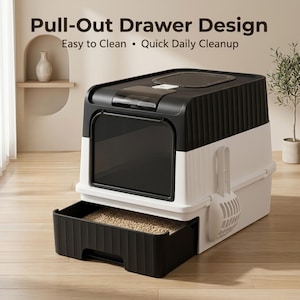 May include: A black and white enclosed cat litter box with a pull-out drawer design, a front entry door, a top access hatch, and a side-mounted scoop. The text Pull-Out Drawer Design, Easy to Clean, and Quick Daily Cleanup is visible above.