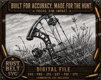 Compound Bow Hunting SVG Black White Laser Engraving Digital Download Rustic Archery Artwork