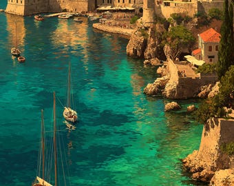 Dubrovnik Croatia Vintage Travel Poster | Adriatic Coast Wall Art | Old Town Print