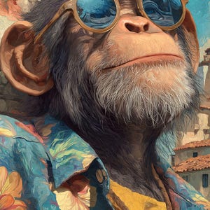 Op de afbeelding: Een chimpansee met donkere vacht en een lichte baard draagt een ronde, blauw getinte zonnebril met een gouden montuur. De chimpansee draagt een blauw overhemd met een levendig bloemenpatroon met oranje en gele bloemen over een geel shirt.