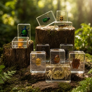 May include: Collection of insects and a crab encased in clear resin blocks. The insects vary in color, including green, yellow, and brown. The blocks are arranged on a mossy log and wooden stump, with a blurred green background.