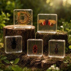 May include: Five clear resin blocks, each encasing a different insect specimen. The insects include a centipede, a moth, a beetle, a red and black bug, and a yellow and black insect. The blocks are displayed on a mossy tree stump.