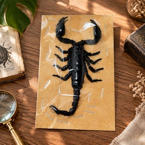 May include: A preserved black scorpion specimen mounted on a rectangular piece of light brown cardstock. The scorpion is secured under a clear plastic film that is stapled to the cardstock around the perimeter of the insect's body.