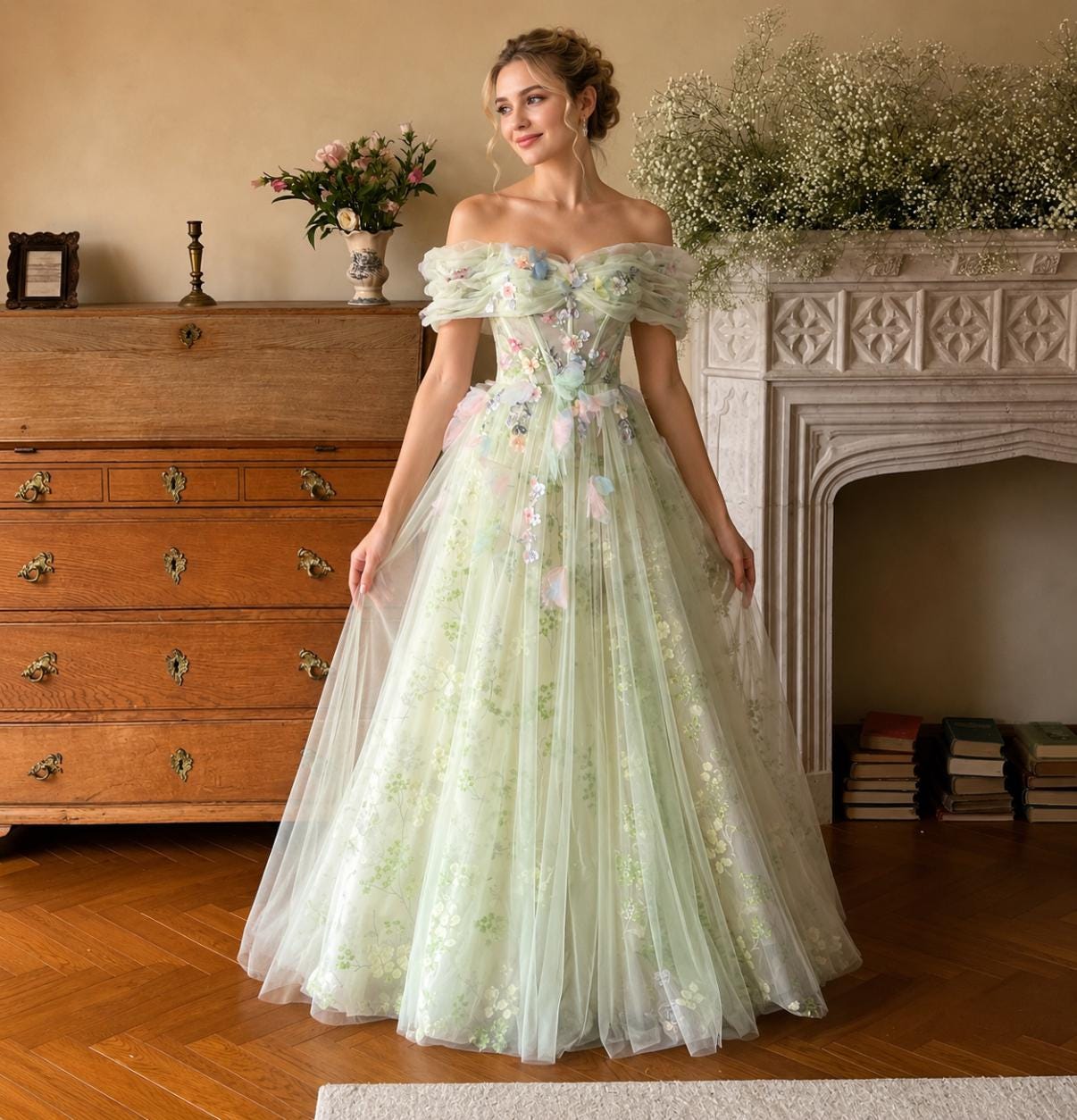 light green floral prom dress sage prom dress
