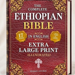 Op de afbeelding: Een rood ledergebonden boek met de titel "The Complete Ethiopian Bible" met gouden accenten. Kenmerken zijn "Extra Large Print" en "Illustrated". Inclusief zegels "17 Font" en "With Audio & Video Lessons".