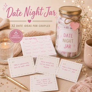 Date Night Cards Printable | 32 Date Ideas + Blank Cards | Couples Date Jar | Fillable PDF | Anniversary Gift | Digital Download