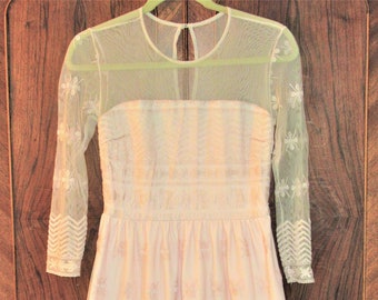 Vintage 70's Champagne Blush Sheer Chiffon Overlay Party Dress Delicate Needlepoint S-M