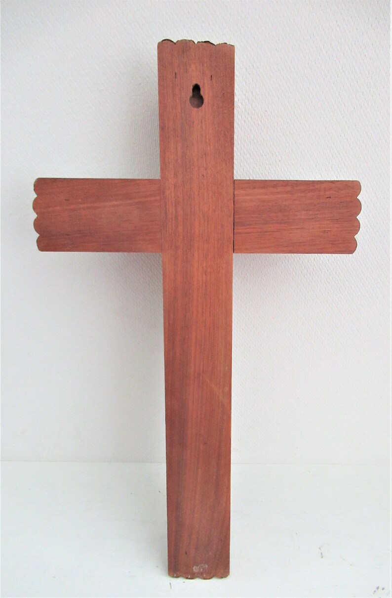 Vintage Oak Wood Crucifix Gold Tone Metal Christ Wall Door Hanger Sick