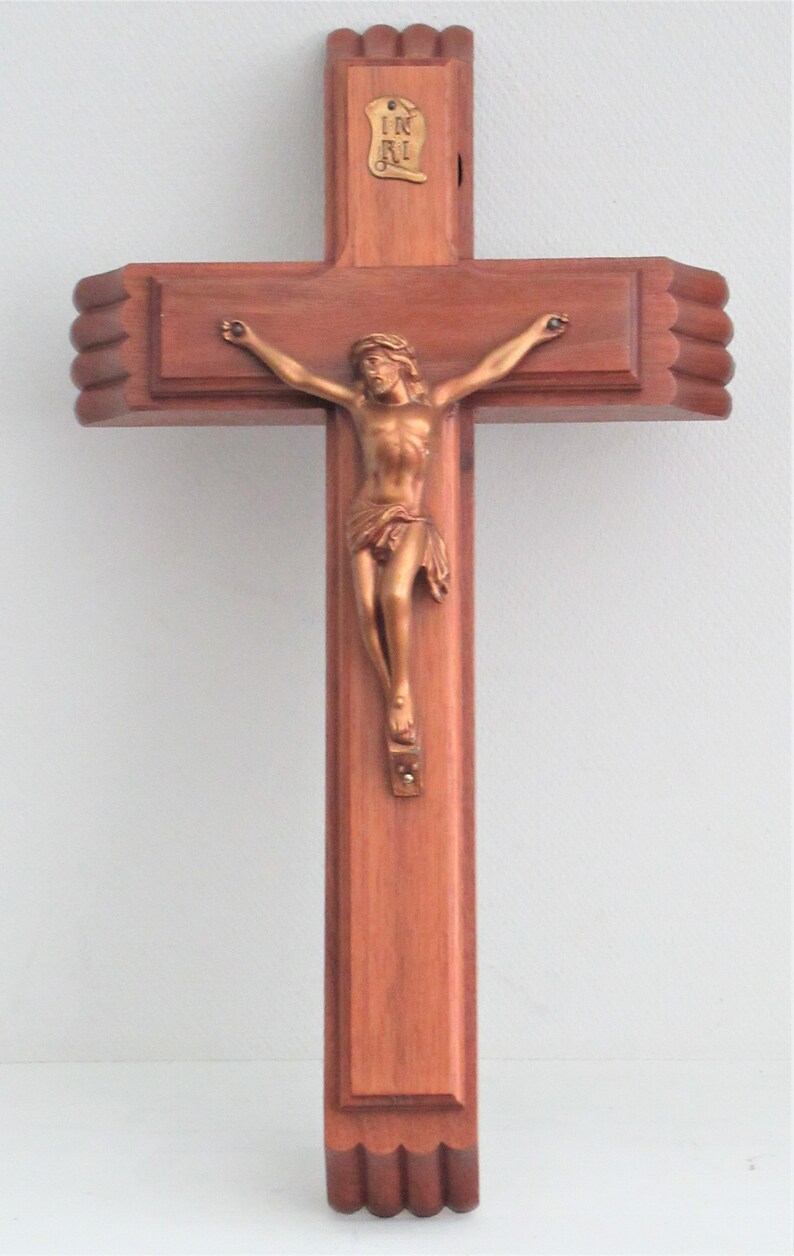 Vintage Oak Wood Crucifix Gold Tone Metal Christ Wall Door Hanger Sick