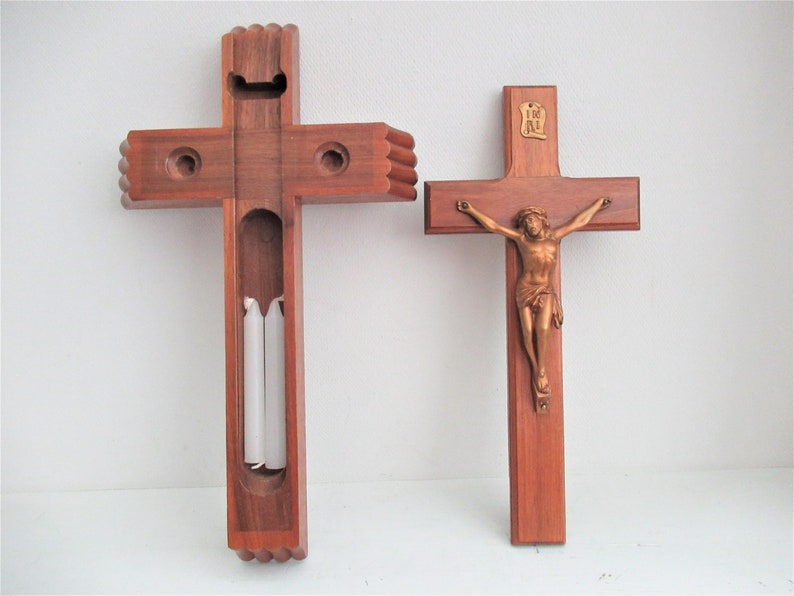 Vintage Oak Wood Crucifix Gold Tone Metal Christ Wall Door Hanger Sick