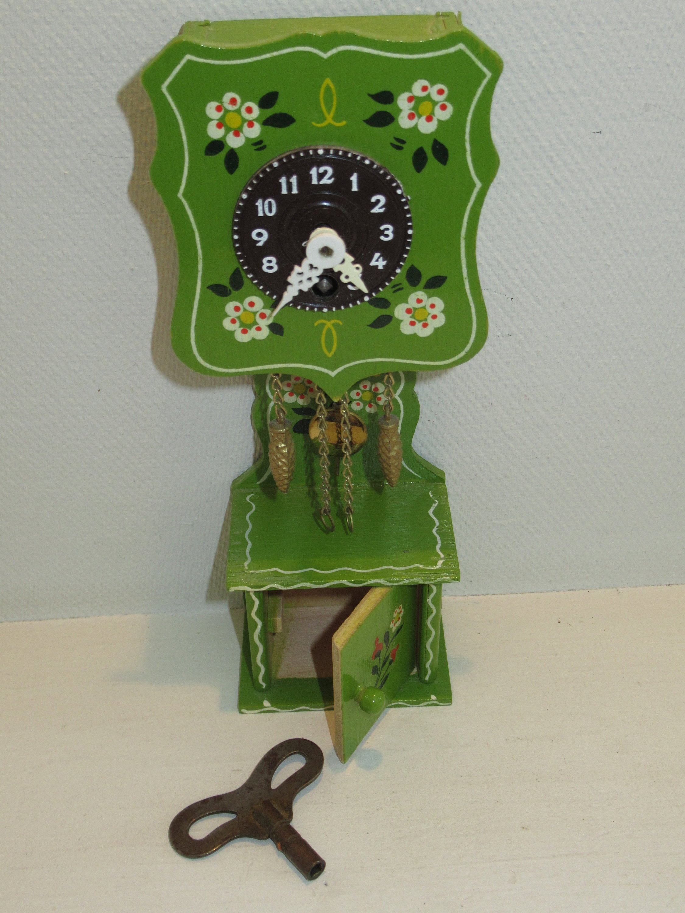Antique Miniature Grandfather Clock Green Painted With Key Etsy