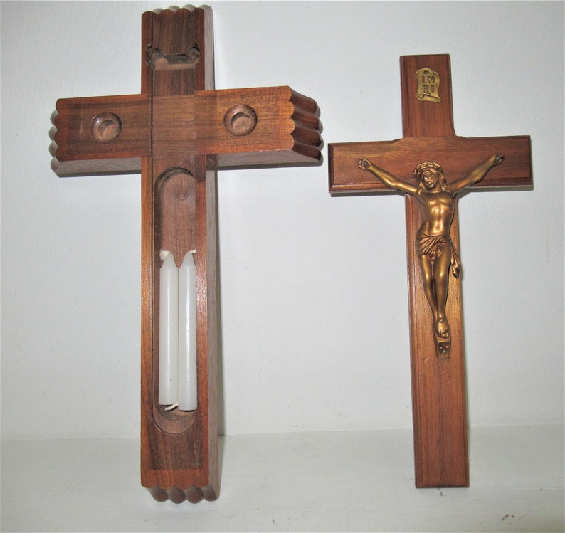 Vintage Oak Wood Crucifix Gold Tone Metal Christ Wall Door Hanger Sick