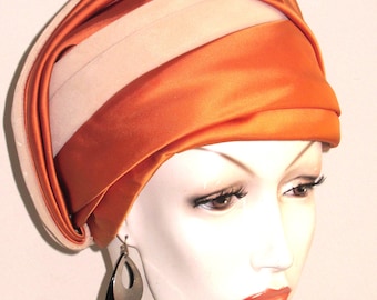 Vintage Turbin Cloche Hat Designer Kutz Nannette Chapeau Champagne Pumpkin Burnt Orange Satin Velvet